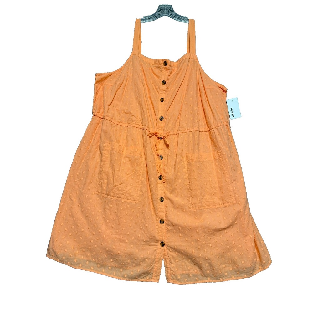 Sonoma Cami Dress Sz 2X Plus Orange Button Front Embroidered Floral Cottagecore
